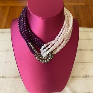 Elegant Multi-Strand Beaded Necklace - Purple and White